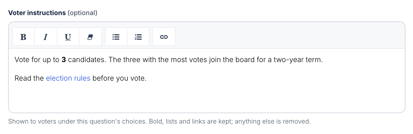 The Voter instructions editor, with buttons for bold, italic, underline, clear formatting, bulleted list, numbered list and link.