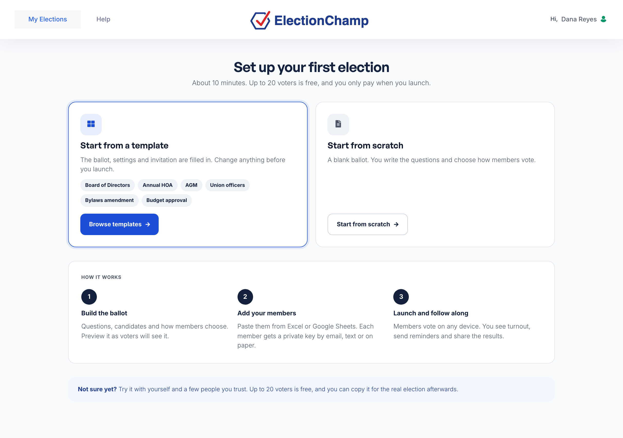 My elections on a first visit: Set up your first election, with Start from a template, Start from scratch and How it works.