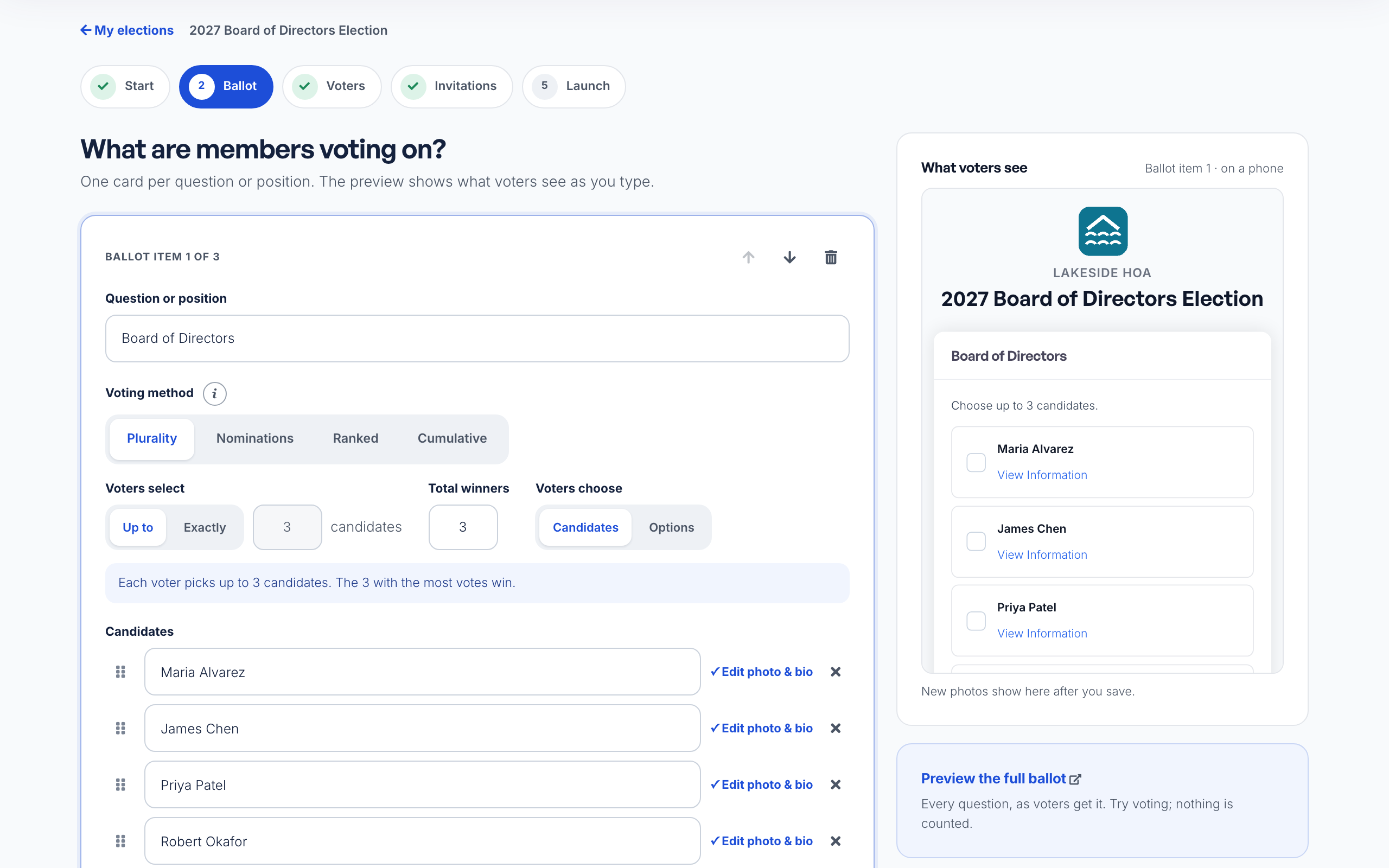 The Ballot step: ballot item 1 of 3, a Plurality question for 3 Board of Directors seats, its first four candidates with Edit photo and bio links, and the What voters see preview on a phone.