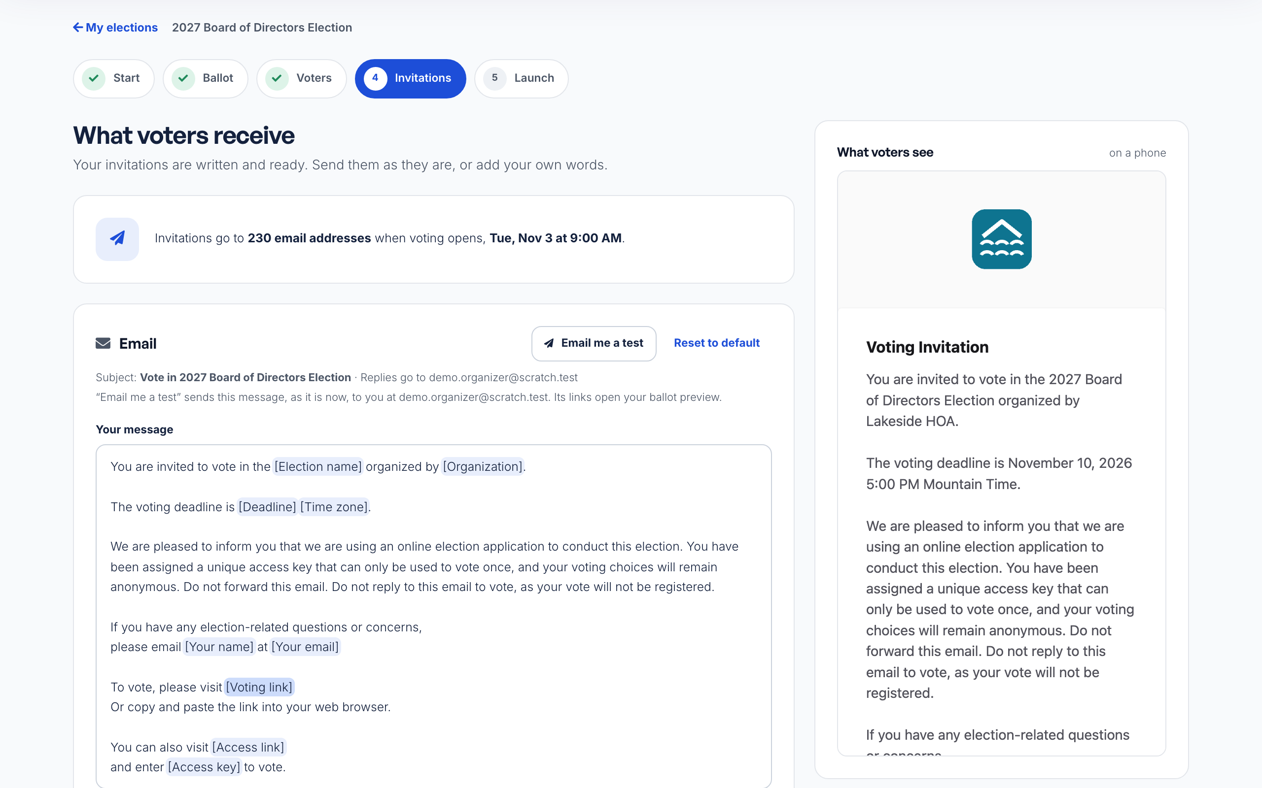 The Invitations step: the banner, the Email card with Email me a test, the message with labels in square brackets, and the email preview on a phone.