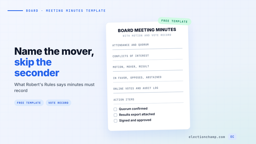 Board meeting minutes form with attendance, motion, and vote count fields beside a headline on naming the mover