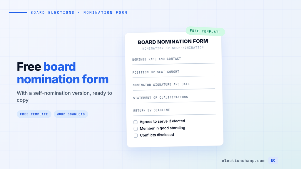 Board nomination form template with nominee, position, nominator, and consent fields beside a nomination period checklist