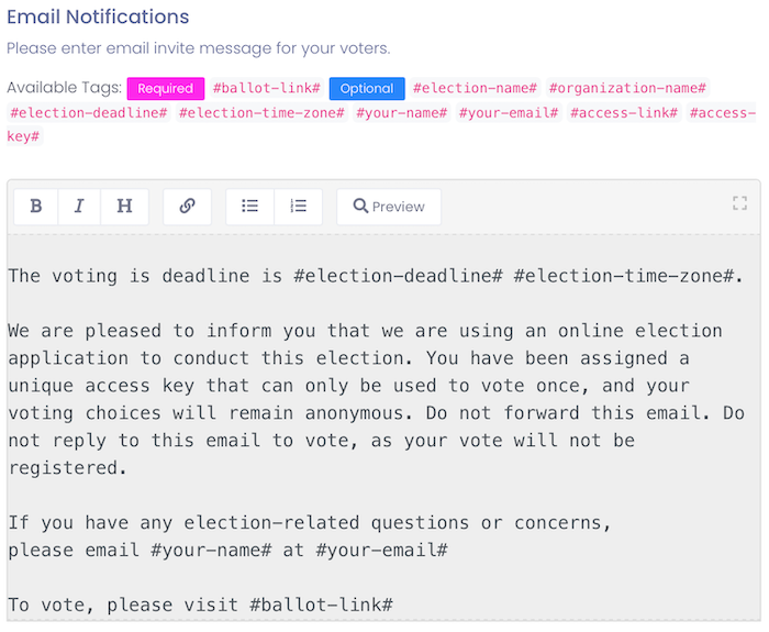 Send customized email notices to voters for your online eleciton